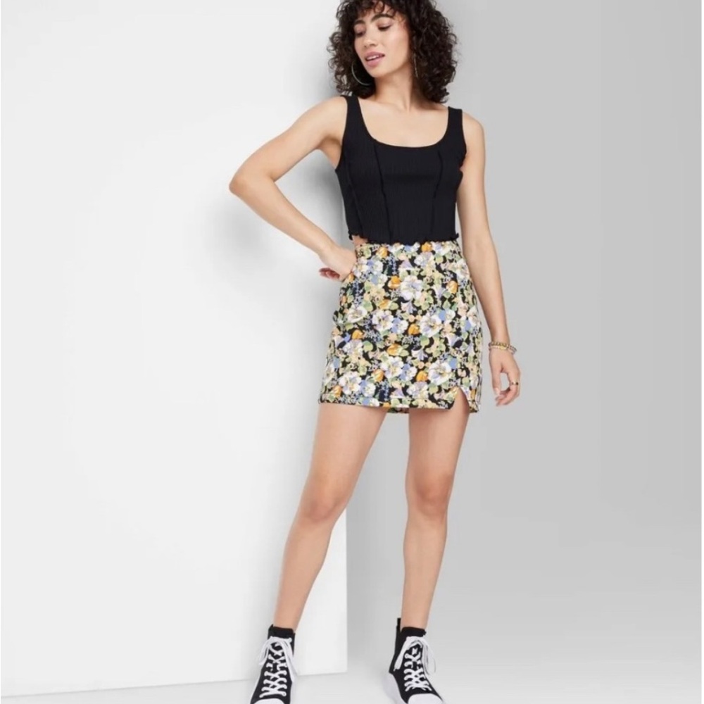 Wild Fable Front Seamed Denim Black Floral Mini Skirt